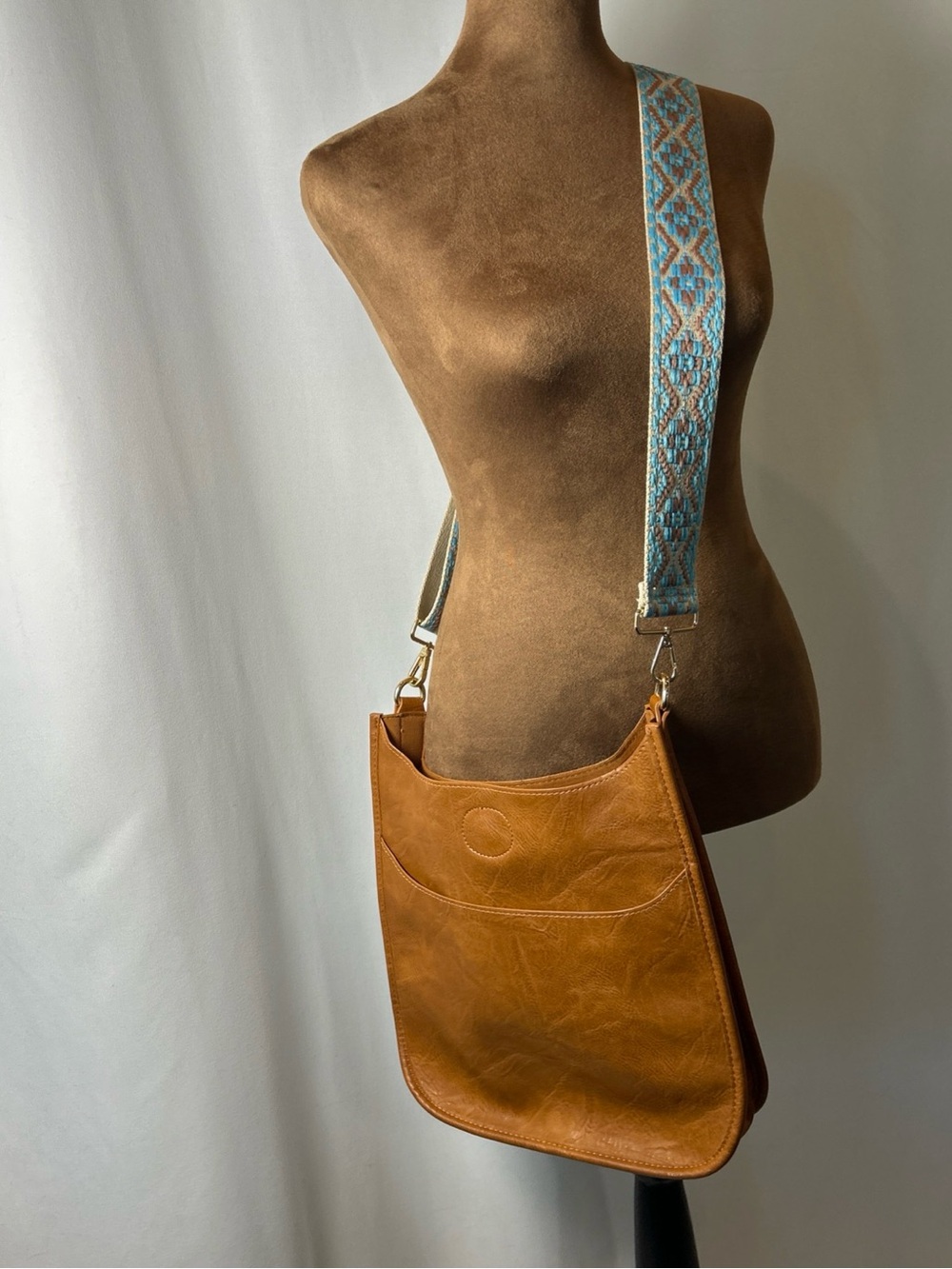 Tan Leather Crossbody Bag with Light Blue Woven Strap